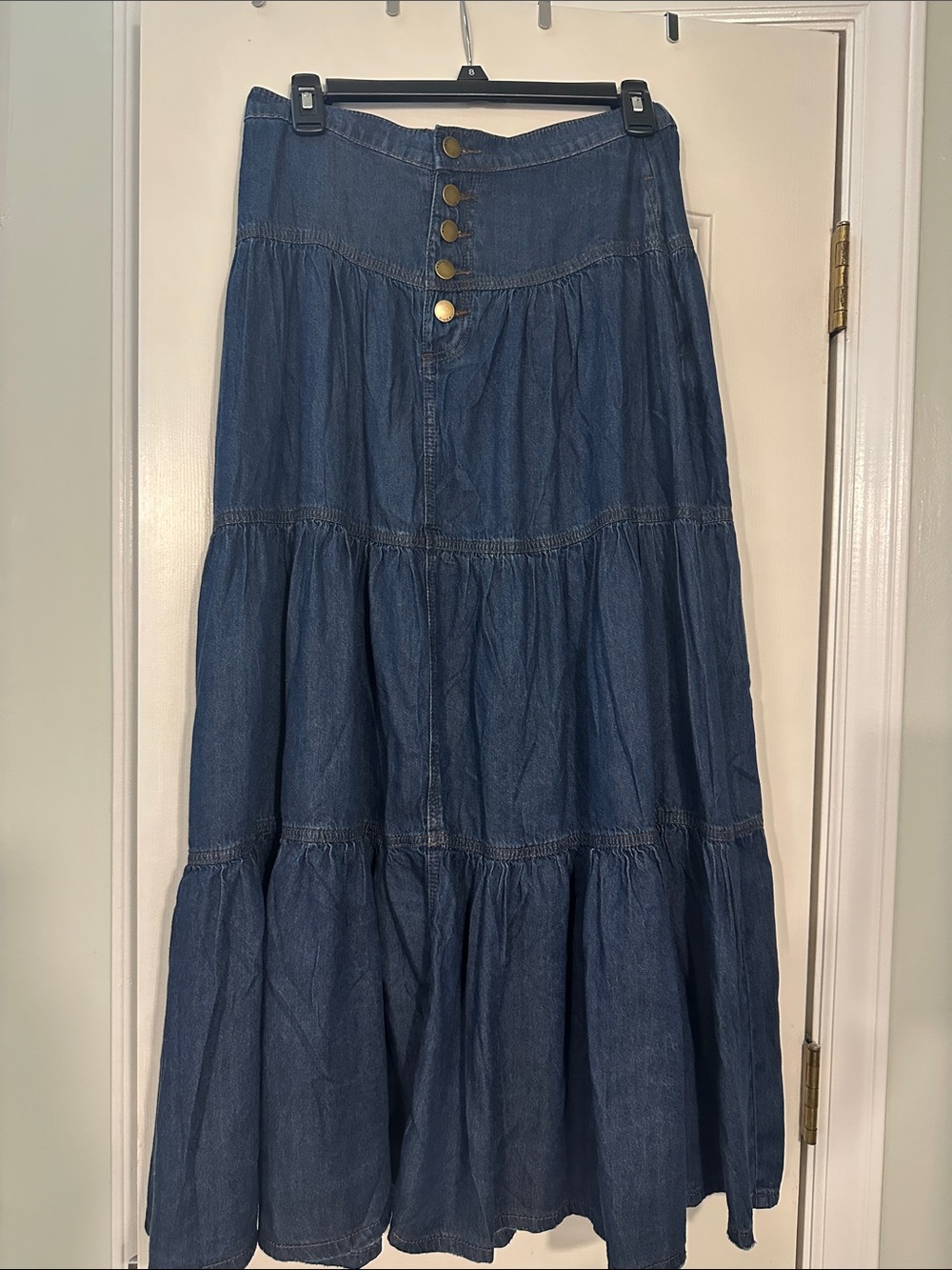 Cider Denim Tiered Maxi Skirt in Dark Blue